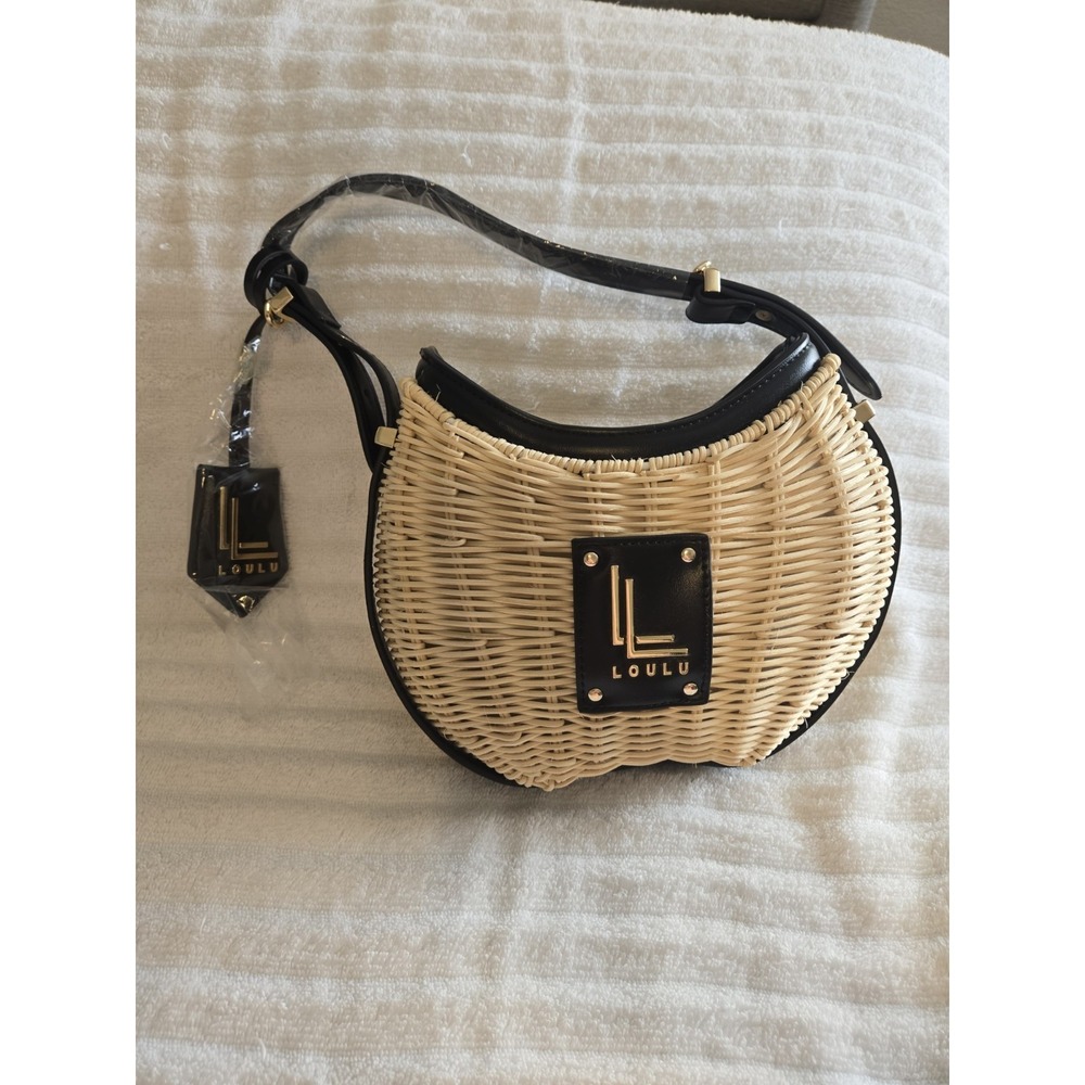 Loulu Woven Mini Wicker Bag Blk Faux Leather Trim Top Handle Crossbody Strap (F) - Picture 9 of 9